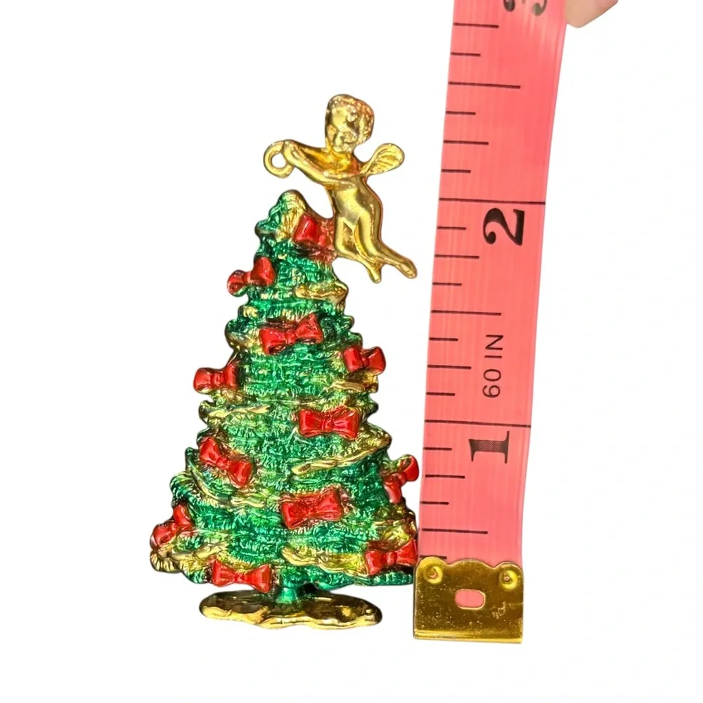 Vintage Christmas Tree Brooch Angel Brooch Holiday Gold‎ Tone Estate Pendant
